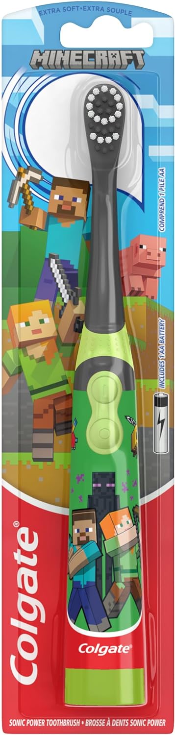 Colgate Kids Battery Powered Minecraft Toothbrush, Extra Soft Kids Battery Toothbrush with 1 AA Battery Included, Made for Ages 3 and Up, Features Easy On and Off Switch, Flat Lay Handle, 1 Count