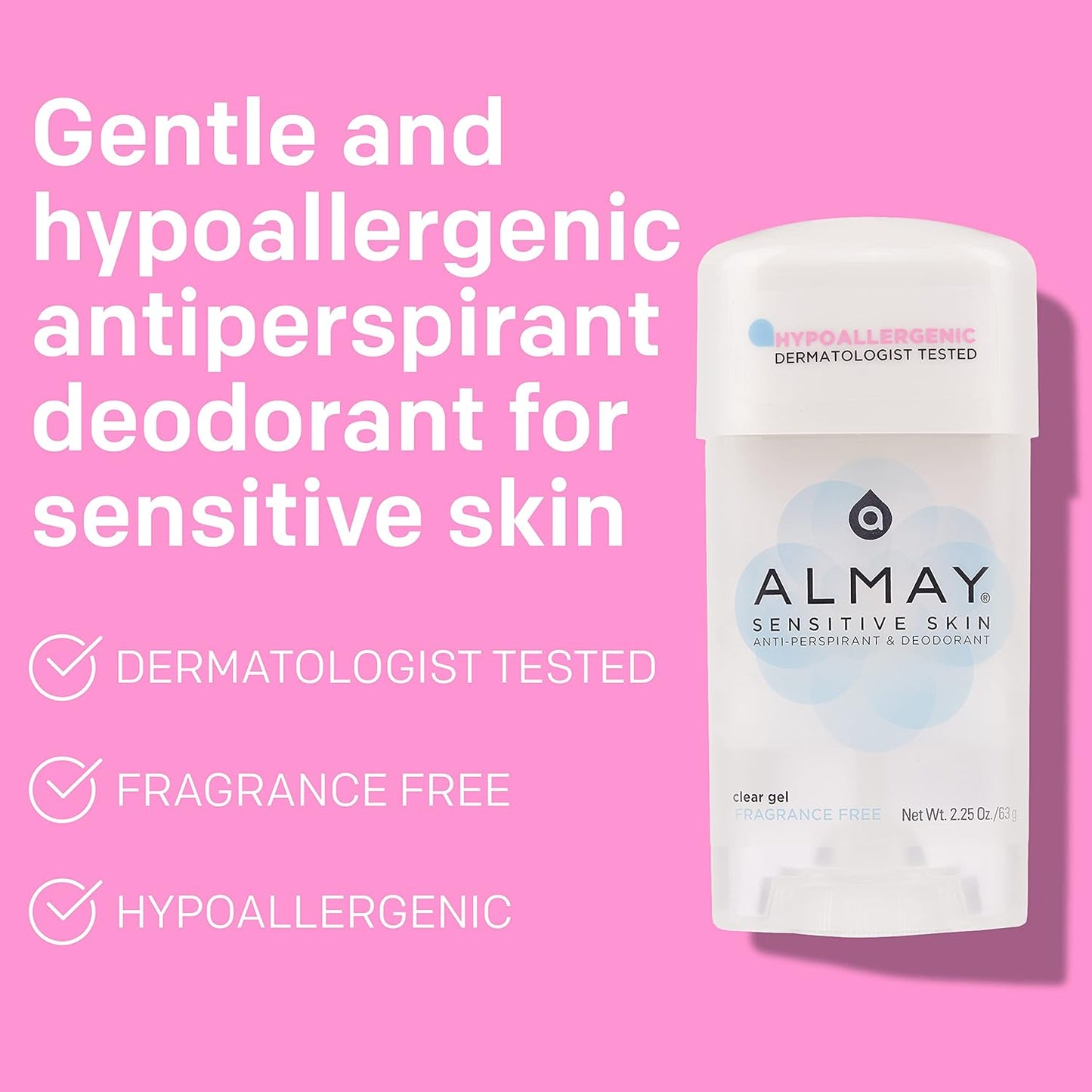 Almay Deodorant for Women, Gel Antiperspirant, Hypoallergenic, Dermatologist Tested for Sensitive Skin, Fragrance Free, 2.25 Oz