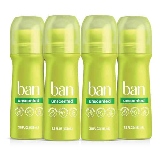 Ban Original Unscented 24-hour Invisible Antiperspirant, 3.5oz Roll-on Deodorant, 4-pack, Underarm Wetness Protection, with Odor-fighting Ingredients