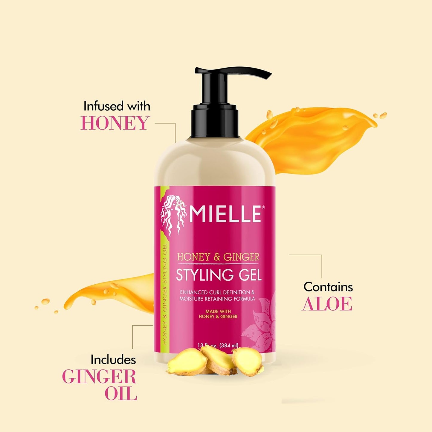 Mielle Organics Honey & Ginger Styling Gel for Enhanced Curl Definition and Moisture Retaining with Aloe for Dry, Curly, Thick, and Frizzy Hair, Non-Sticky, 13 Ounces