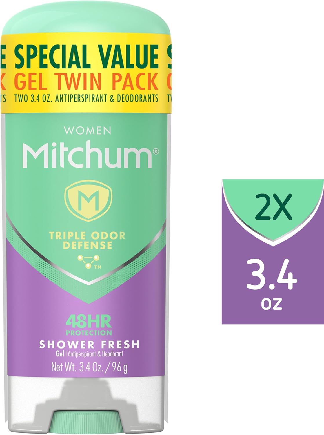 Mitchum Women's Deodorant, Antiperspirant Stick, Triple Odor Defense Gel, 48 Hr Protection, Shower Fresh, 3.4 Oz (Pack of 2)