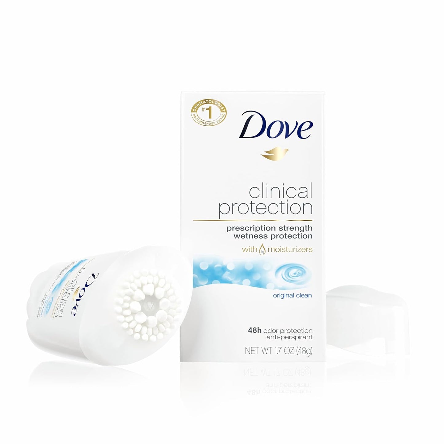 Dove Clinical Protection Antiperspirant Deodorant For Sweat and Odor Protection Original Clean Antiperspirant For Women Made With 1/4 Moisturizers 1.7 oz