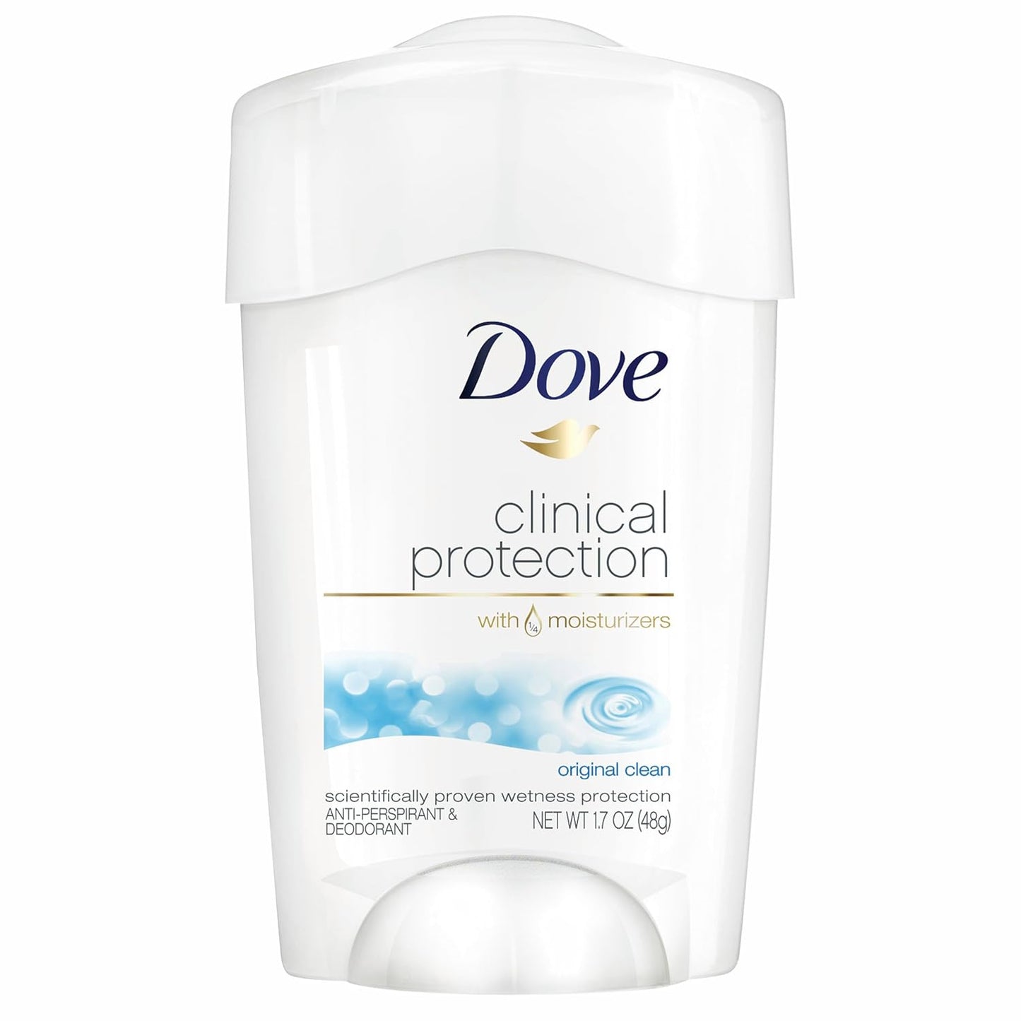 Dove Clinical Protection Antiperspirant Deodorant For Sweat and Odor Protection Original Clean Antiperspirant For Women Made With 1/4 Moisturizers 1.7 oz