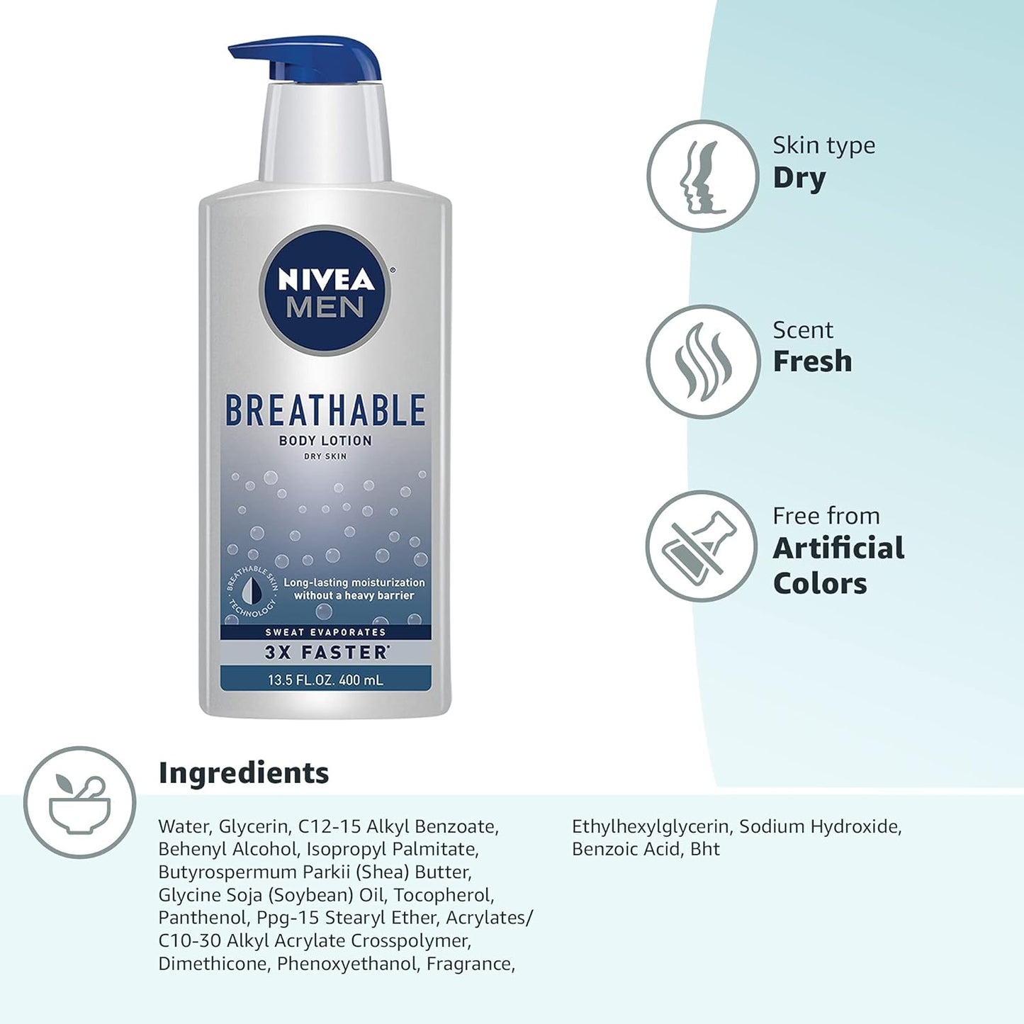 NIVEA MEN Breathable Body Lotion, 48 Hour Hydrating Lotion, Men's Lotion, 13.5 Fl Oz Bottle