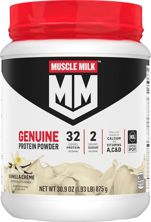 Muscle Milk Genuine Protein Powder, Vanilla Crème, 1.93 Pounds, 12 Servings, 32g Protein, 2g Sugar, Calcium, Vitamins A, C & D, NSF Certified for Sport, Energizing Snack, Packaging May Vary