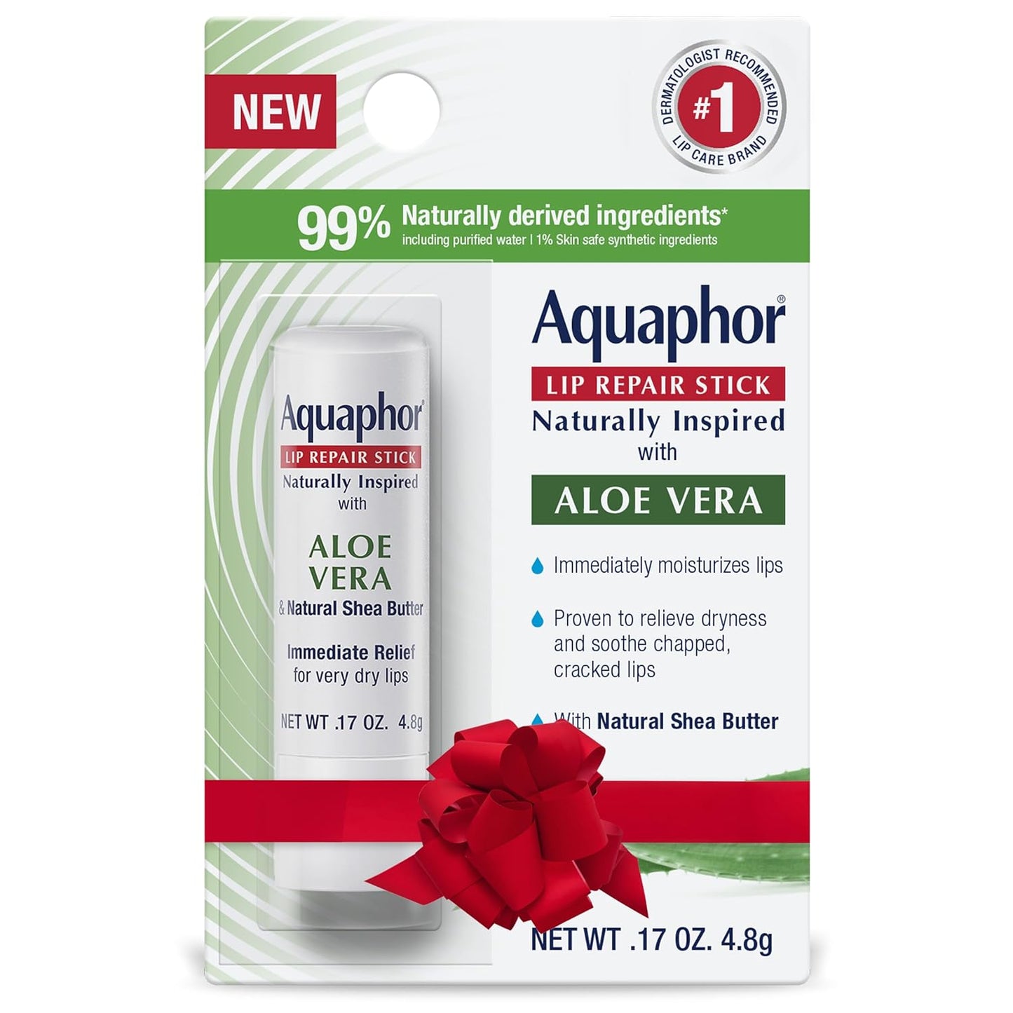 Aquaphor Naturally Inspired Lip Repair Stick with Aloe Vera and Shea Butter, Hydrating Lip Balm Stick Immediately Relieves Dryness and Soothes Chapped Lips, Holiday Gifts for Self Care, 0.17 Oz Stick