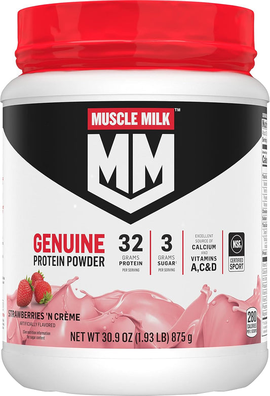 Muscle Milk Genuine Protein Powder, Strawberries ‘N Crème, 1.93 Pounds, 12 Servings, 32g Protein, 3g Sugar, Calcium, Vitamins A, C & D, NSF Certified for Sport, Energizing Snack, Packaging May Vary