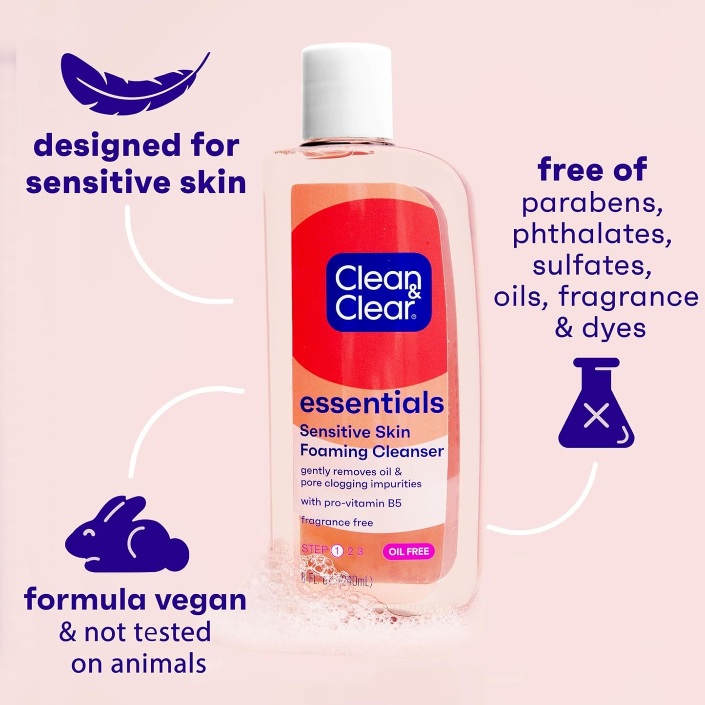 Clean & Clear Essentials Foaming Facial Cleanser, Oil-Free Daily Face Wash with Glycerin to Remove Acne Breakout-Causing Dirt, Oil & Makeup Without Over-Drying, 8 Fl Oz (Packaging may vary)