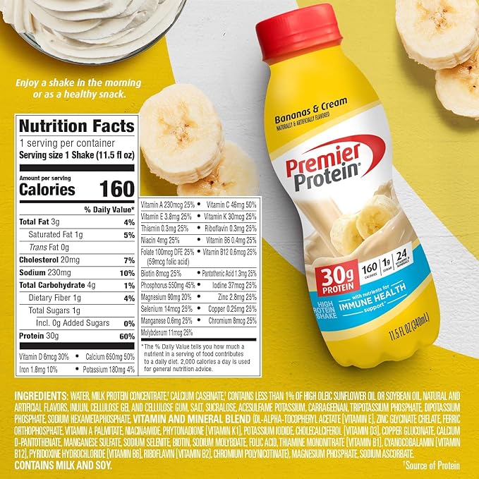 Premier Protein Shake, Bananas & Cream, 30g Protein, 1g Sugar, 24 Vitamins & Minerals, Nutrients to Support Immune Health, 12 Pack