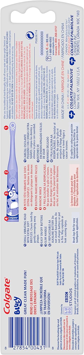 Colgate Kids Battery Powered Toothbrush, Kids Battery Toothbrush with Included AA Battery, Extra Soft Bristles, Flat-Laying Handle to Prevent Rolling, Bluey Toothbrush, 1 Pack