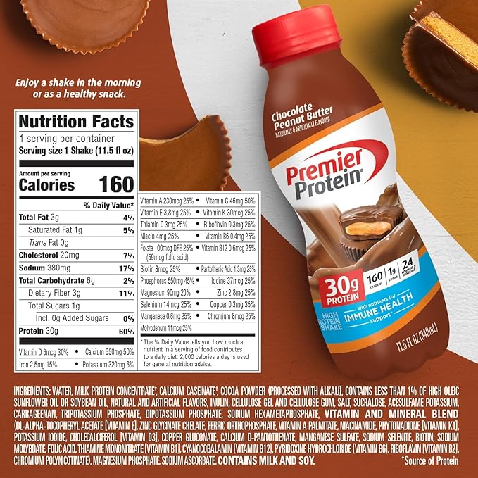 Premier Protein Shake, Chocolate Peanut Butter, 30g Protein, 1g Sugar, 24 Vitamins & Minerals, Nutrients to Support Immune Health, 11.5 Fl Oz, 12 Count