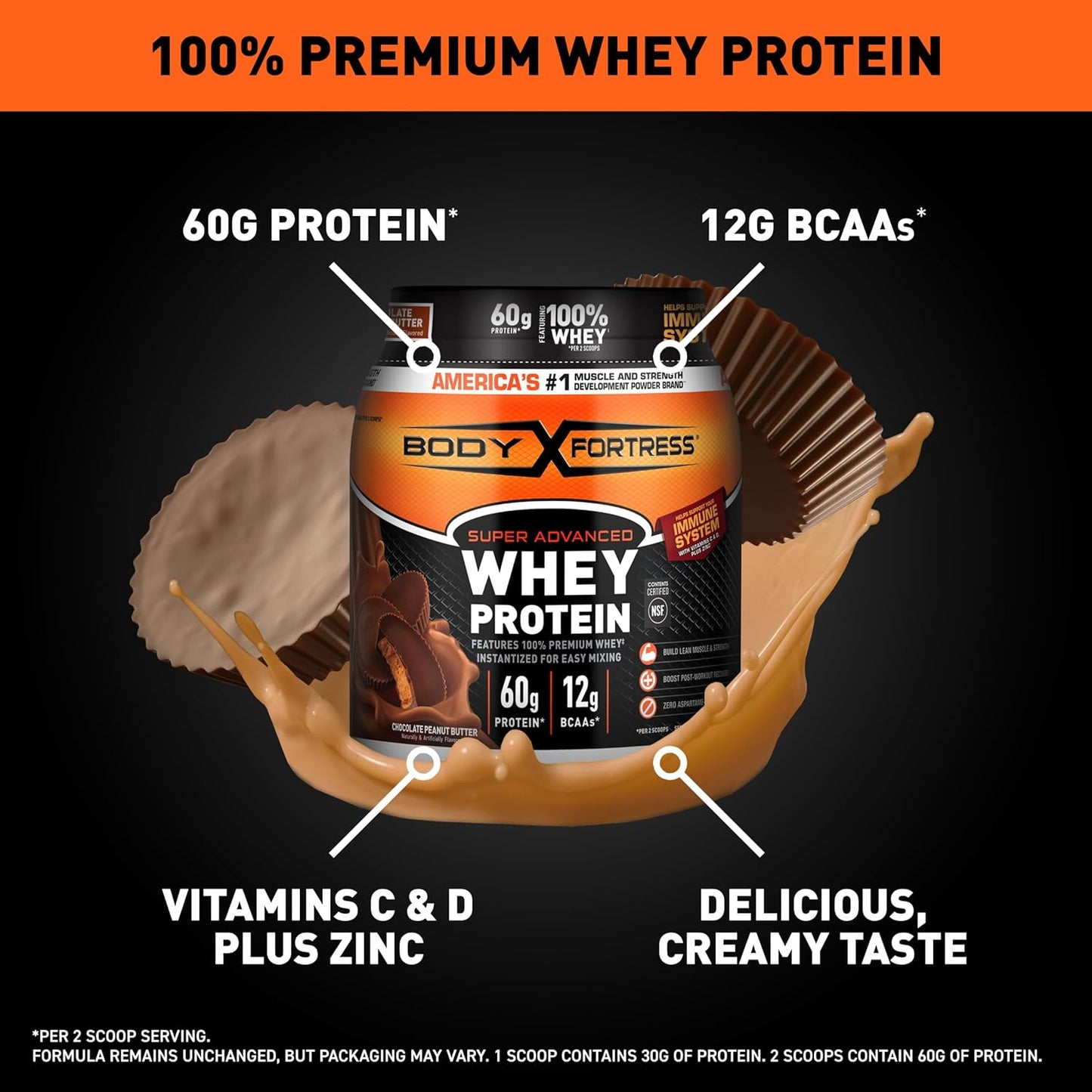 Body Fortress 100% Whey, Premium Protein Powder, Chocolate Peanut Butter, 1.78lbs (Packaging May Vary)