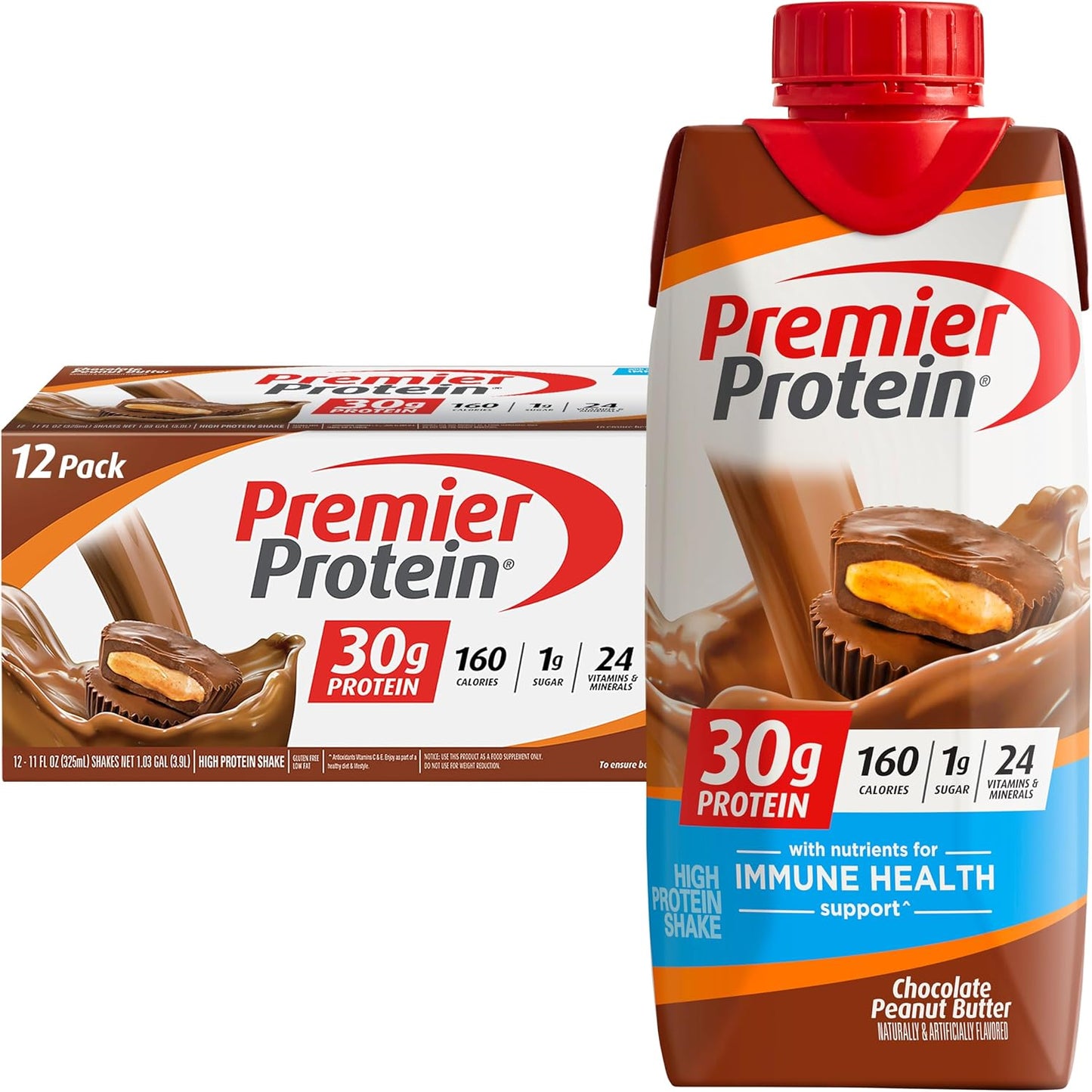 Premier Protein Protein Shake, Chocolate Peanut Butter, 30g Protein, 1g Sugar, 11 fl oz Pack of 12