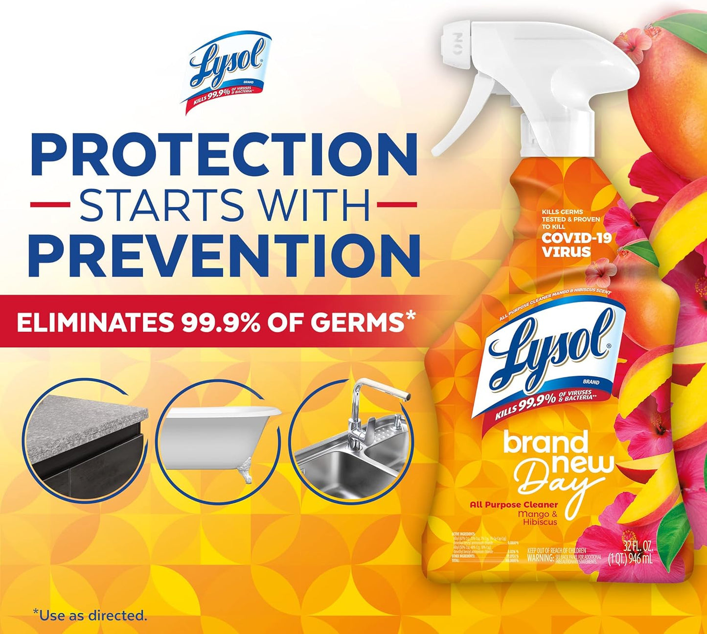Lysol All-Purpose Cleaner, Sanitizing and Disinfecting Spray, To Clean and Deodorize, Mango & Hibiscus Scent, 32oz