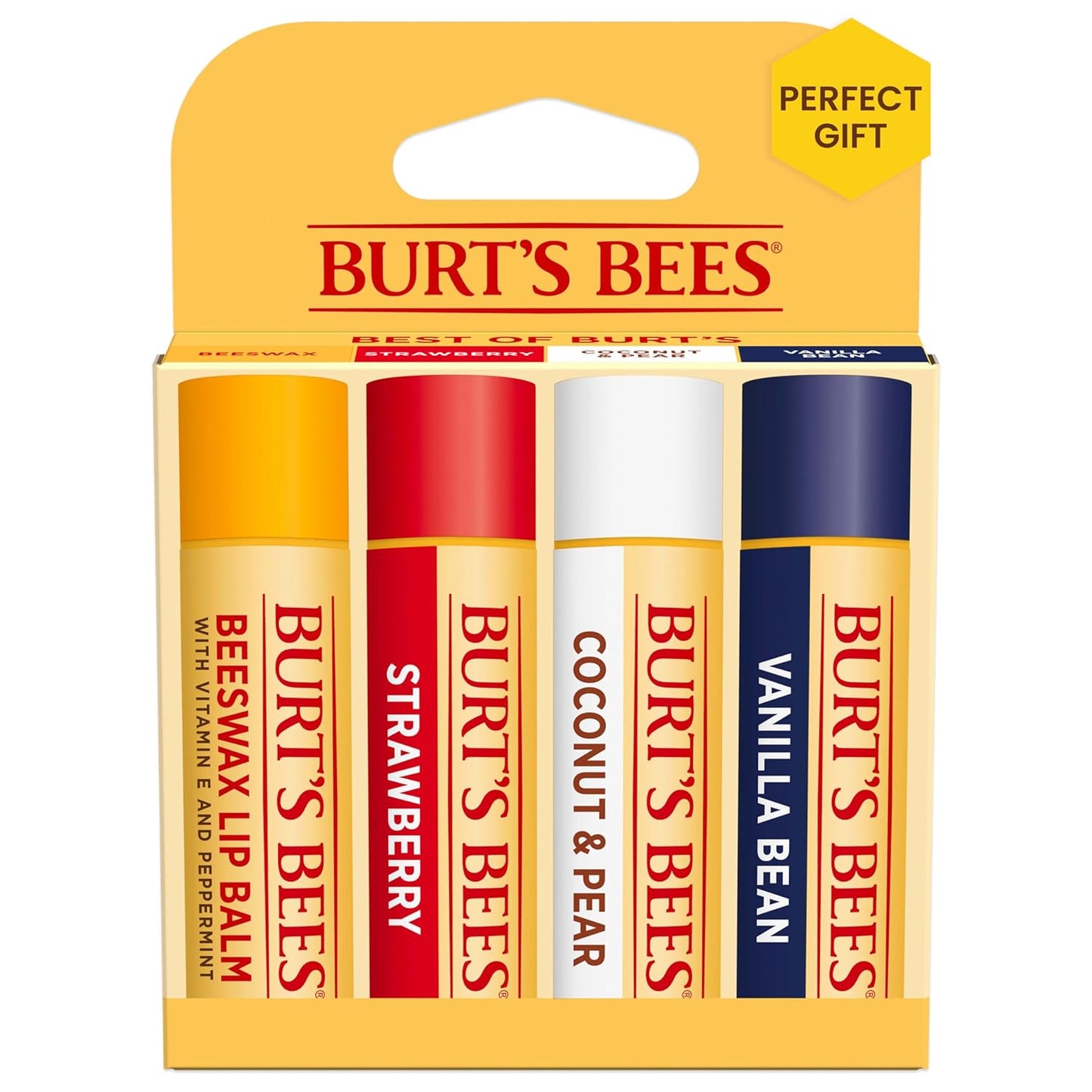 Burt's Bees Lip Balm Stocking Stuffers, Moisturizing Lip Care Christmas Gifts, Original Beeswax, Strawberry, Coconut & Pear, Vanilla Bean with Fruit Extracts, Natural Origin Lip Care (4-Pack)