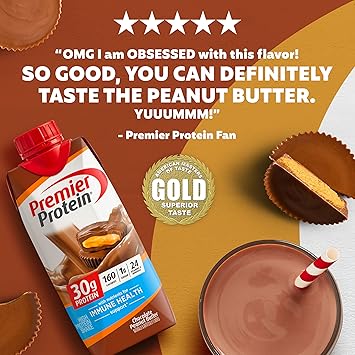 Premier Protein Protein Shake, Chocolate Peanut Butter, 30g Protein, 1g Sugar, 11 fl oz Pack of 12