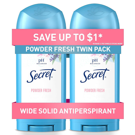 Secret Antiperspirant and Deodorant for Women, 24hr Sweat & Odor Protection, PH Balanced Protection, Gentle on Skin, Wide Solid, Powder Fresh Scent, 2.7 oz (Pack of 2)