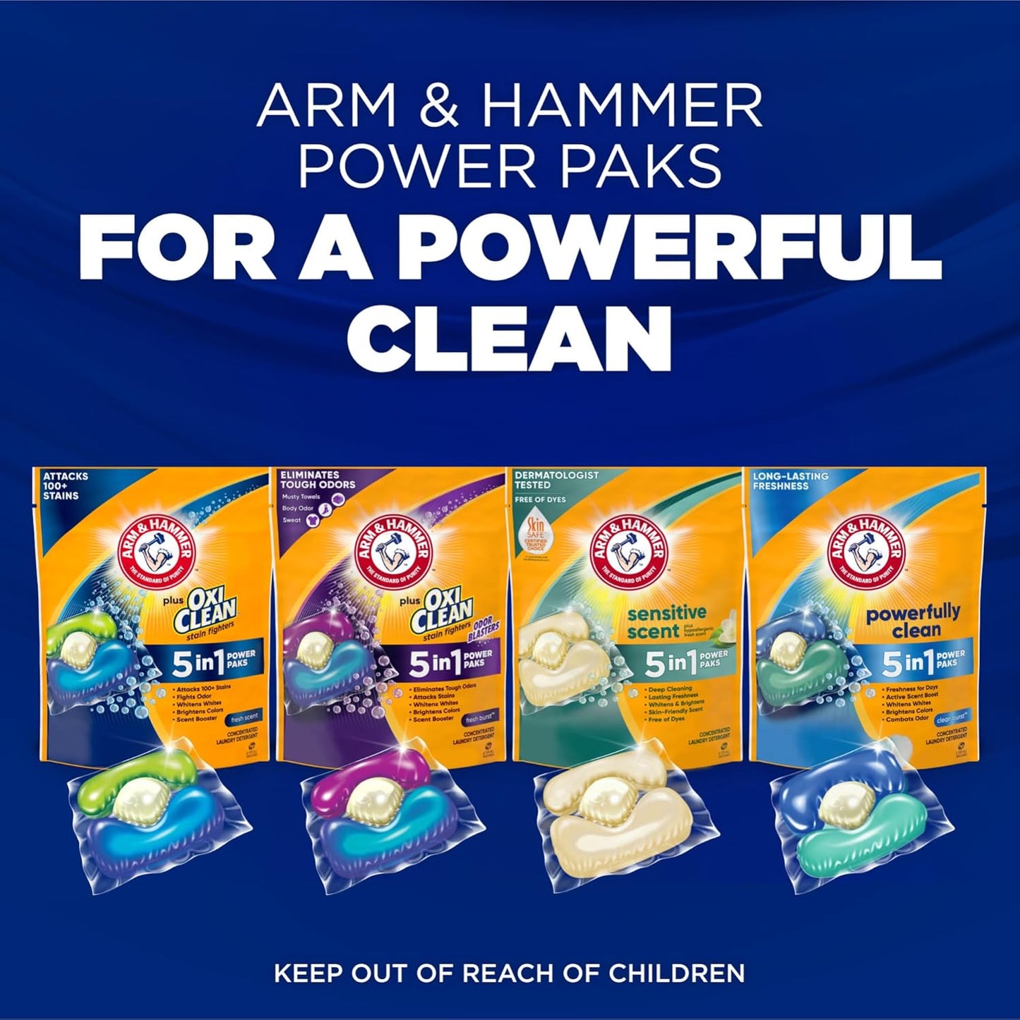 ARM & HAMMER Plus OxiClean with Odor Blasters Concentrated Laundry Detergent, 5-in-1 Laundry Stain Remover, Fresh Burst Detergent Power Paks, 42 Count Bag