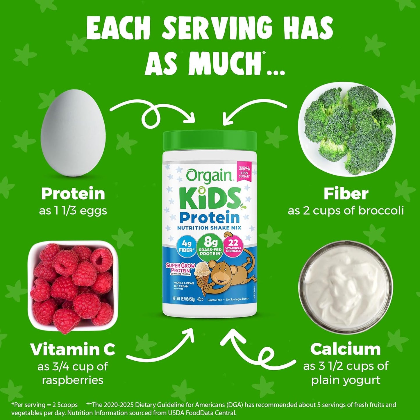 Orgain Kids Protein Powder Shake Mix, Vanilla Bean Ice Cream - 8g Grass-Fed Dairy Protein, 4g Fiber, 22 Vitamins & Minerals, Gluten Free, No Soy Ingredients, Adds Healthy Nutrients to Kids Snacks, 1lb