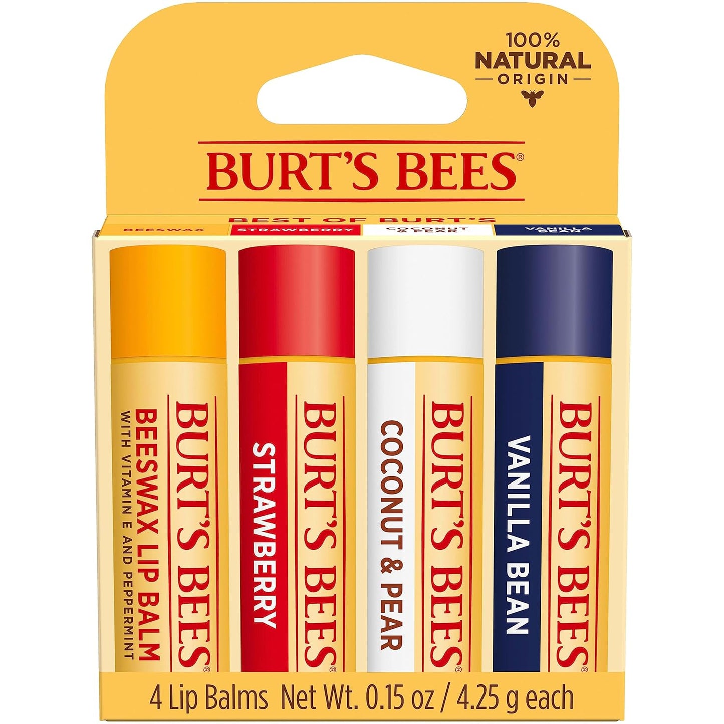 Burt's Bees Lip Balm Stocking Stuffers, Moisturizing Lip Care Christmas Gifts, Original Beeswax, Strawberry, Coconut & Pear, Vanilla Bean with Fruit Extracts, Natural Origin Lip Care (4-Pack)