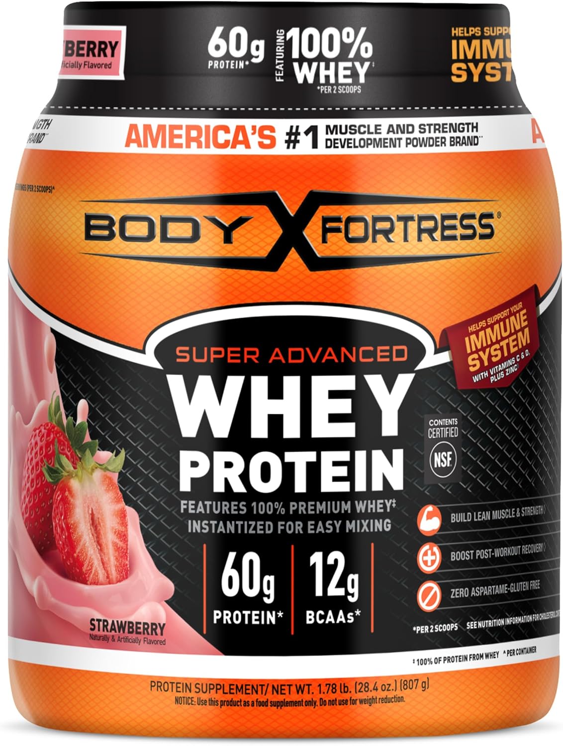 Body Fortress Super Advanced Whey Protein Powder, Strawberry, Immune Support (1), Vitamins C & D Plus Zinc, 1.78 lbs