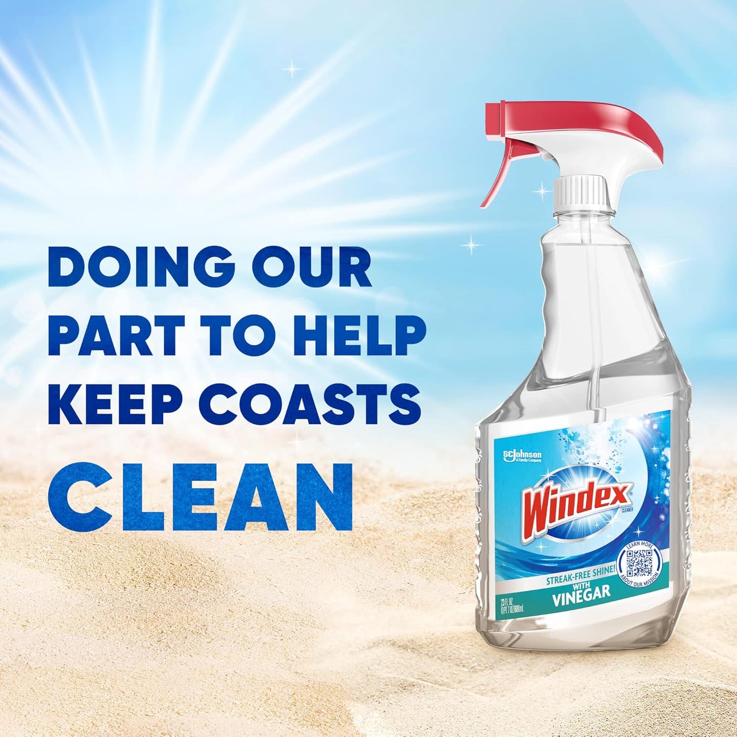 Windex Vinegar Glass and Surface Cleaner Spray Bottle, Bottle Made from 100% Recovered Coastal Plastic, Surface Cleaning Spray, 23 Fl oz