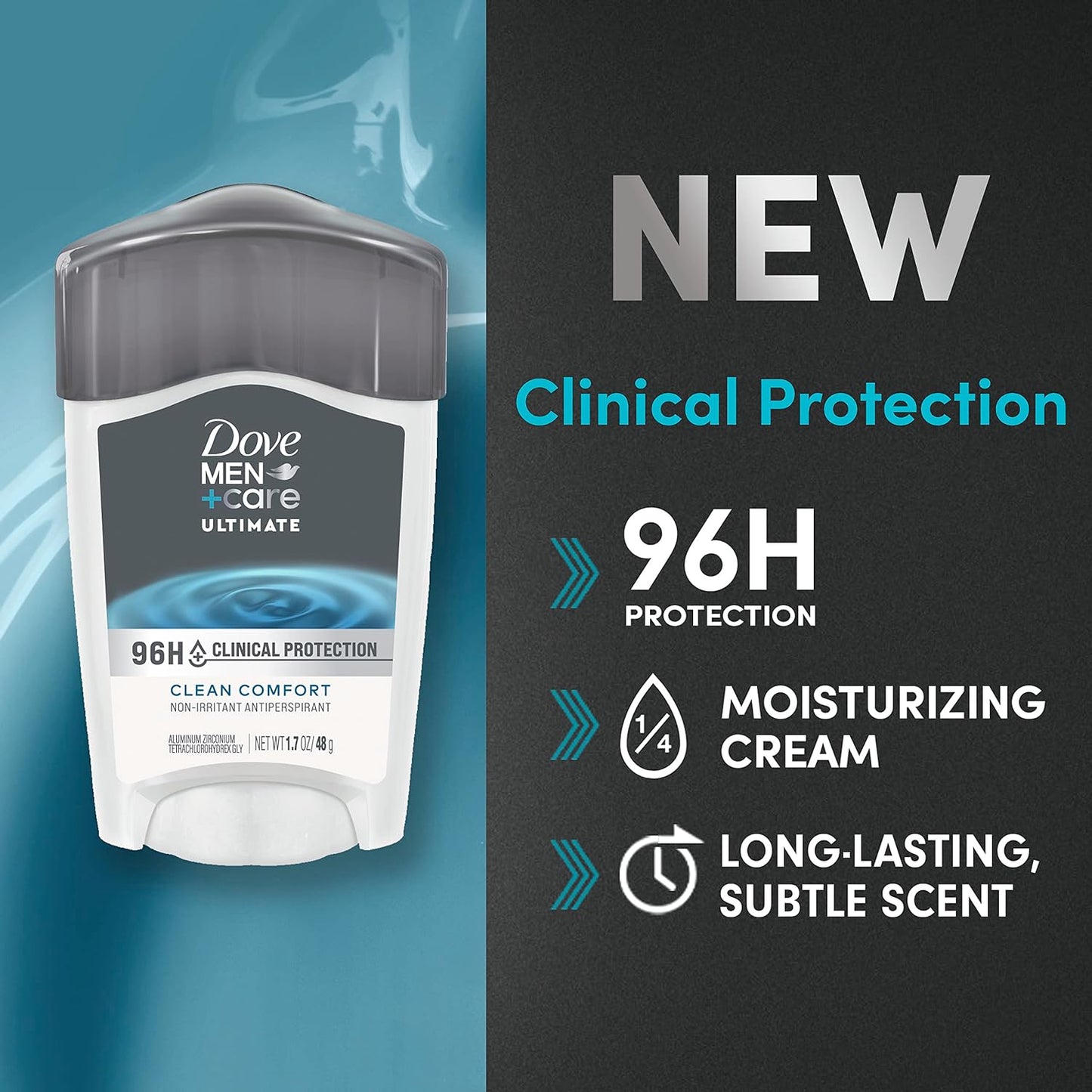 DOVE MEN + CARE Clinical Protection Antiperspirant Clean Comfort Stick for Men 96-Hour Sweat and Odor Protection Clinical Strength Antiperspirant with 1/4 Moisturizing Cream 1.7 oz