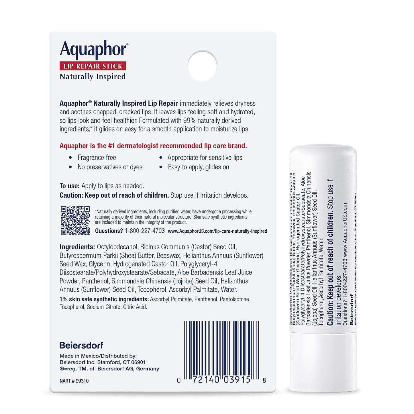 Aquaphor Naturally Inspired Lip Repair Stick with Aloe Vera and Shea Butter, Hydrating Lip Balm Stick Immediately Relieves Dryness and Soothes Chapped Lips, Holiday Gifts for Self Care, 0.17 Oz Stick