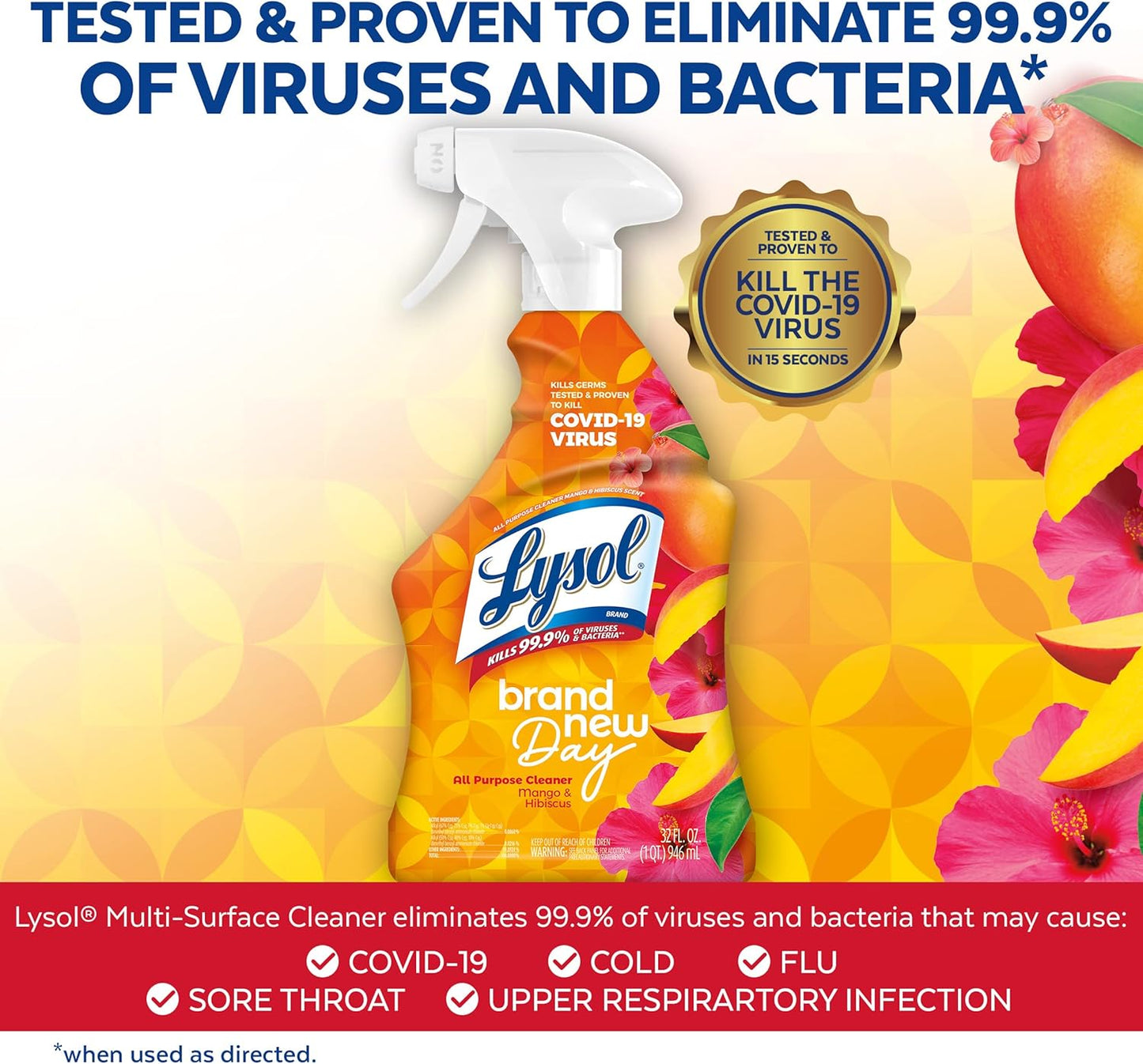 Lysol All-Purpose Cleaner, Sanitizing and Disinfecting Spray, To Clean and Deodorize, Mango & Hibiscus Scent, 32oz