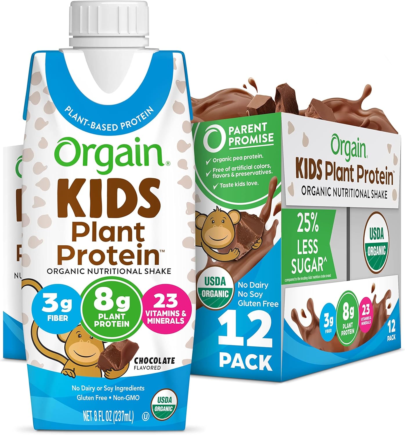 Orgain Organic Kids Nutritional Vegan Protein Shake, Chocolate - Healthy Kids Snacks, 8g Plant Protein, 23 Vitamins & Minerals, 3g Fiber, No Dairy & Soy Ingredients, Non-GMO, 8 Fl Oz (Pack of 12)