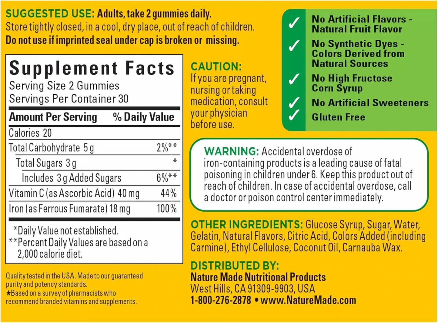 Nature Made Iron 18 mg per serving with Vitamin C, Dietary Supplement for Red Blood Cell Support, 60 Gummies, 30 Day Supply