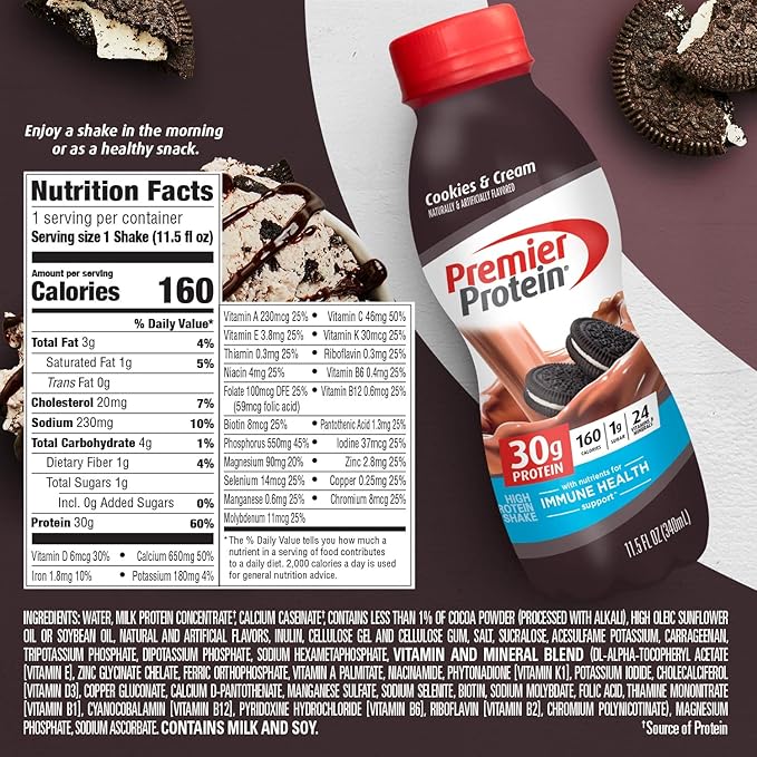 Premier Protein Shake, Cookies & Cream, 30g Protein, 1g Sugar, 24 Vitamins & Minerals, Nutrients to Support Immune Health 11.5 fl oz (12 Pack)