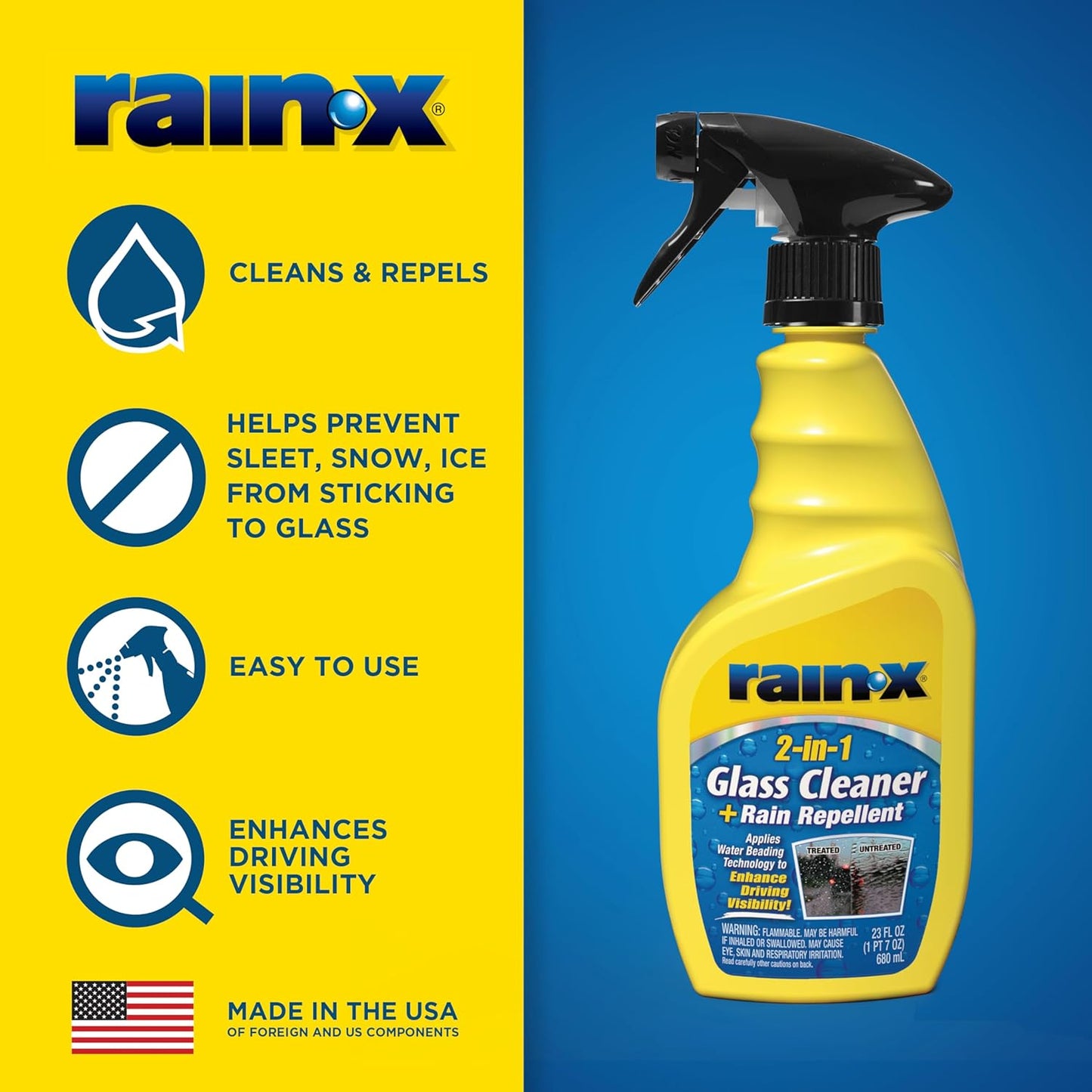 Rain-X 5071268 2-in-1 Glass Cleaner and Rain Repellant, 23 oz. - Provides a Streak-Free Clean for Automotive Glass While Preventing Sleet, Snow, Ice, and Road Spray Build Up