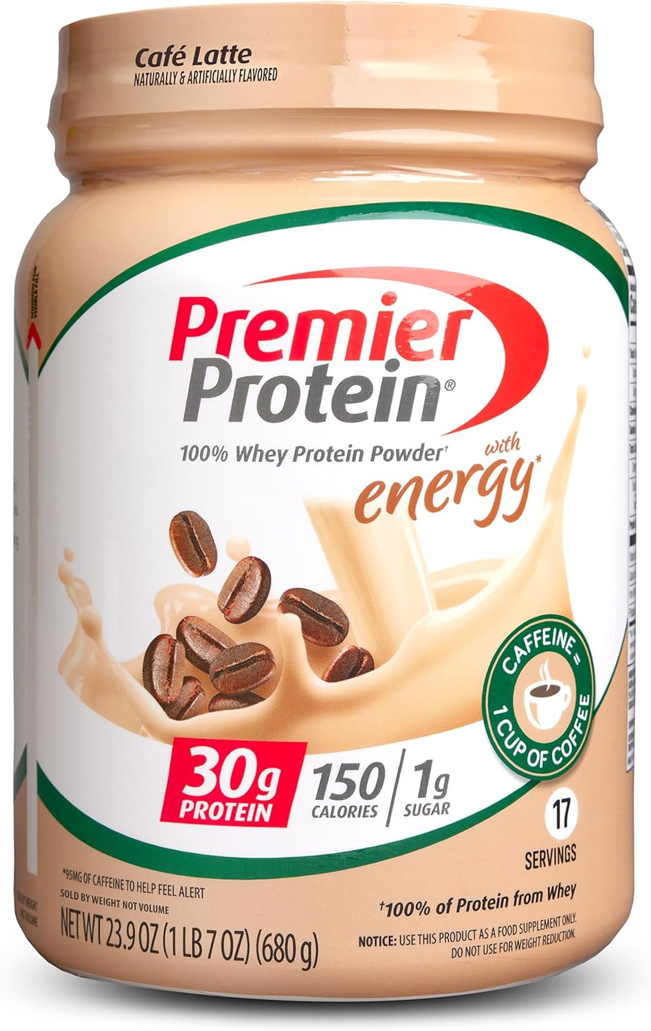 Premier Protein Powder, Cafe Latte, 30g Protein, 1g Sugar, 100% Whey Protein, Keto Friendly, No Soy Ingredients, Gluten Free, 17 Servings, 23.9 Ounce (Pack of 1)