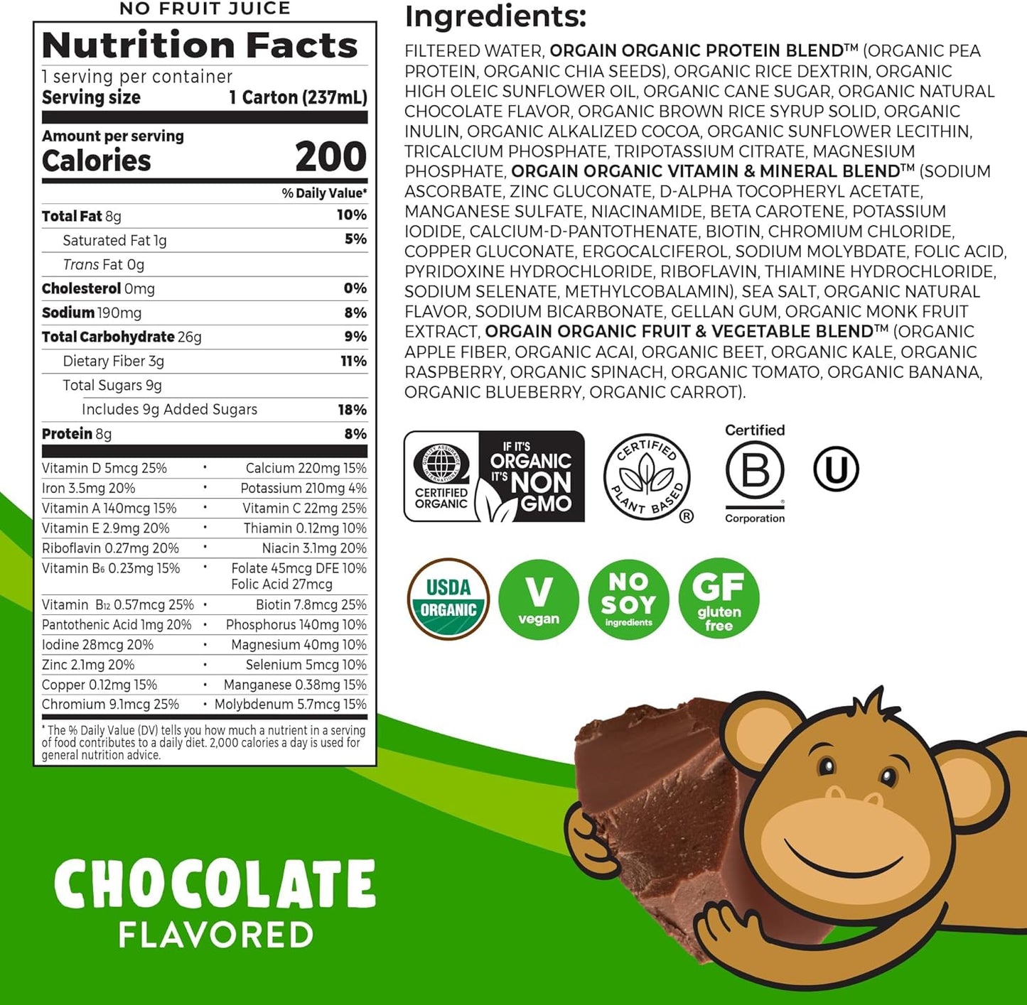 Orgain Organic Kids Nutritional Vegan Protein Shake, Chocolate - Healthy Kids Snacks, 8g Plant Protein, 23 Vitamins & Minerals, 3g Fiber, No Dairy & Soy Ingredients, Non-GMO, 8 Fl Oz (Pack of 12)