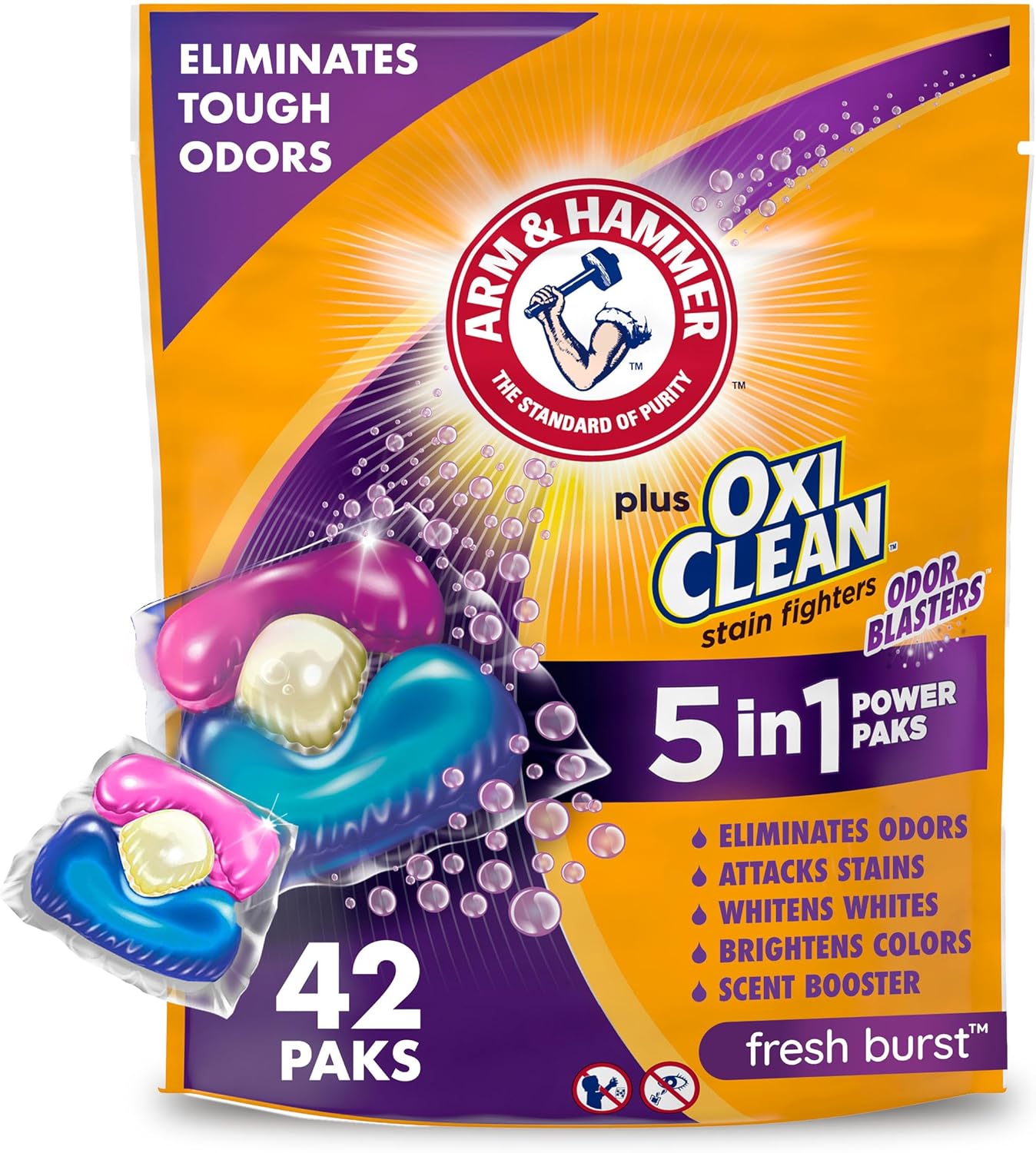 ARM & HAMMER Plus OxiClean with Odor Blasters Concentrated Laundry Detergent, 5-in-1 Laundry Stain Remover, Fresh Burst Detergent Power Paks, 42 Count Bag