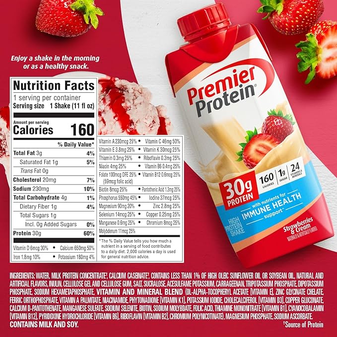 Premier Protein Protein Shake, Strawberries & Cream, 30g Protein, 1g Sugar, 11 fl oz Pack of 12