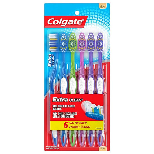 Colgate Extra Clean Toothbrush, Soft Toothbrush for Adults, 6 Count (Pack of 1), Packaging May Vary