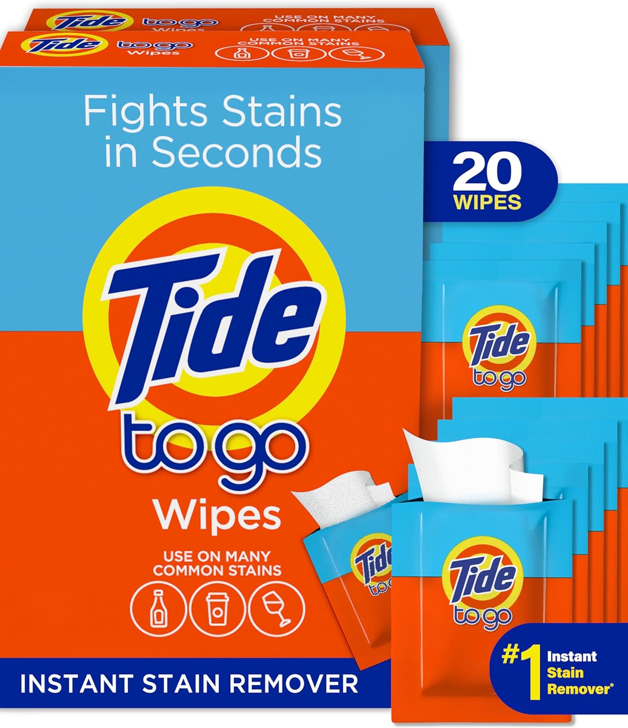 Tide Stain Remover for Clothes, Tide To Go Wipes, Instant Stain Remover for Clothes, Travel & Pocket Size, 20 Count