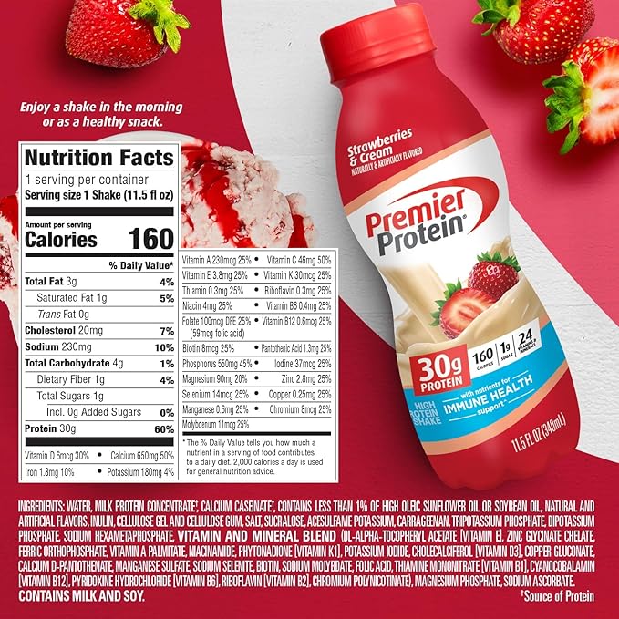 Premier Protein Liquid Protein Shake - 24 Vitamins & Minerals/Nutrients to Support Immune Health, Strawberries, 11.5 Fl Oz Bottle (Pack of 12)