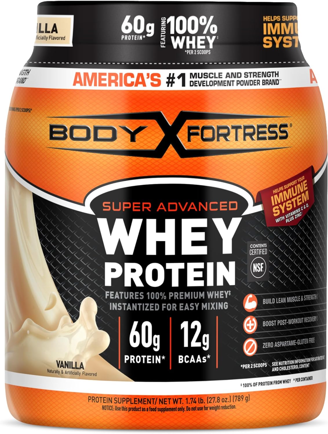 Body Fortress Super Advanced Whey Protein Powder, Vanilla, Immune Support (1), Vitamins C & D Plus Zinc, 1.74 lbs