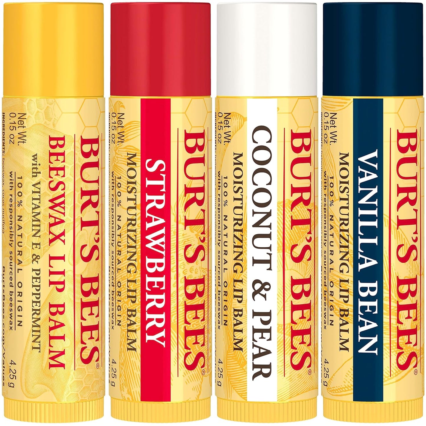 Burt's Bees Lip Balm Stocking Stuffers, Moisturizing Lip Care Christmas Gifts, Original Beeswax, Strawberry, Coconut & Pear, Vanilla Bean with Fruit Extracts, Natural Origin Lip Care (4-Pack)