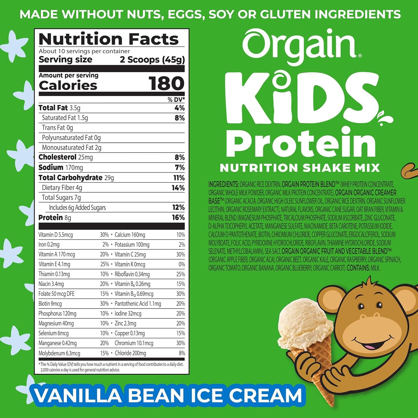 Orgain Kids Protein Powder Shake Mix, Vanilla Bean Ice Cream - 8g Grass-Fed Dairy Protein, 4g Fiber, 22 Vitamins & Minerals, Gluten Free, No Soy Ingredients, Adds Healthy Nutrients to Kids Snacks, 1lb