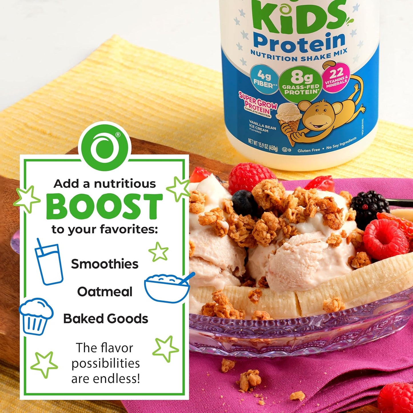 Orgain Kids Protein Powder Shake Mix, Vanilla Bean Ice Cream - 8g Grass-Fed Dairy Protein, 4g Fiber, 22 Vitamins & Minerals, Gluten Free, No Soy Ingredients, Adds Healthy Nutrients to Kids Snacks, 1lb