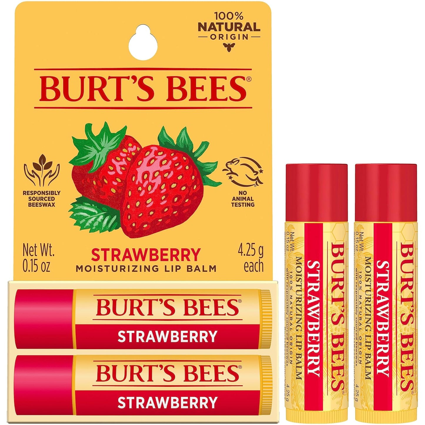 Burt's Bees Lip Balm Stocking Stuffers, Moisturizing Lip Care Christmas Gifts, Strawberry, Lip Moisturizer With Responsibly Sourced Beeswax, Tint-Free, Natural Origin Treatment (2-Pack)