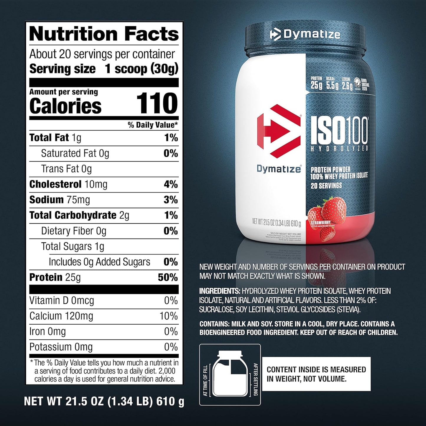 Dymatize ISO100 Hydrolyzed Protein Powder, 100% Whey Isolate Protein, 25g of Protein, 5.5g BCAAs, Gluten Free, Fast Absorbing, Easy Digesting, Strawberry, 20 Servings