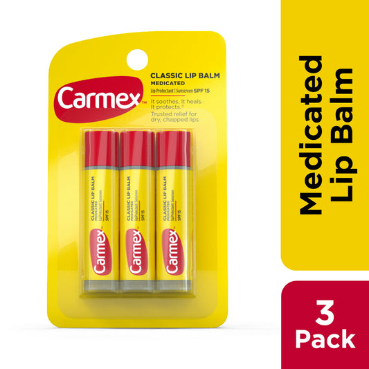 Carmex Medicated Lip Balm Sticks, Lip Moisturizer for Dry, Chapped Lips, 0.15 OZ - (1 Pack of 3)