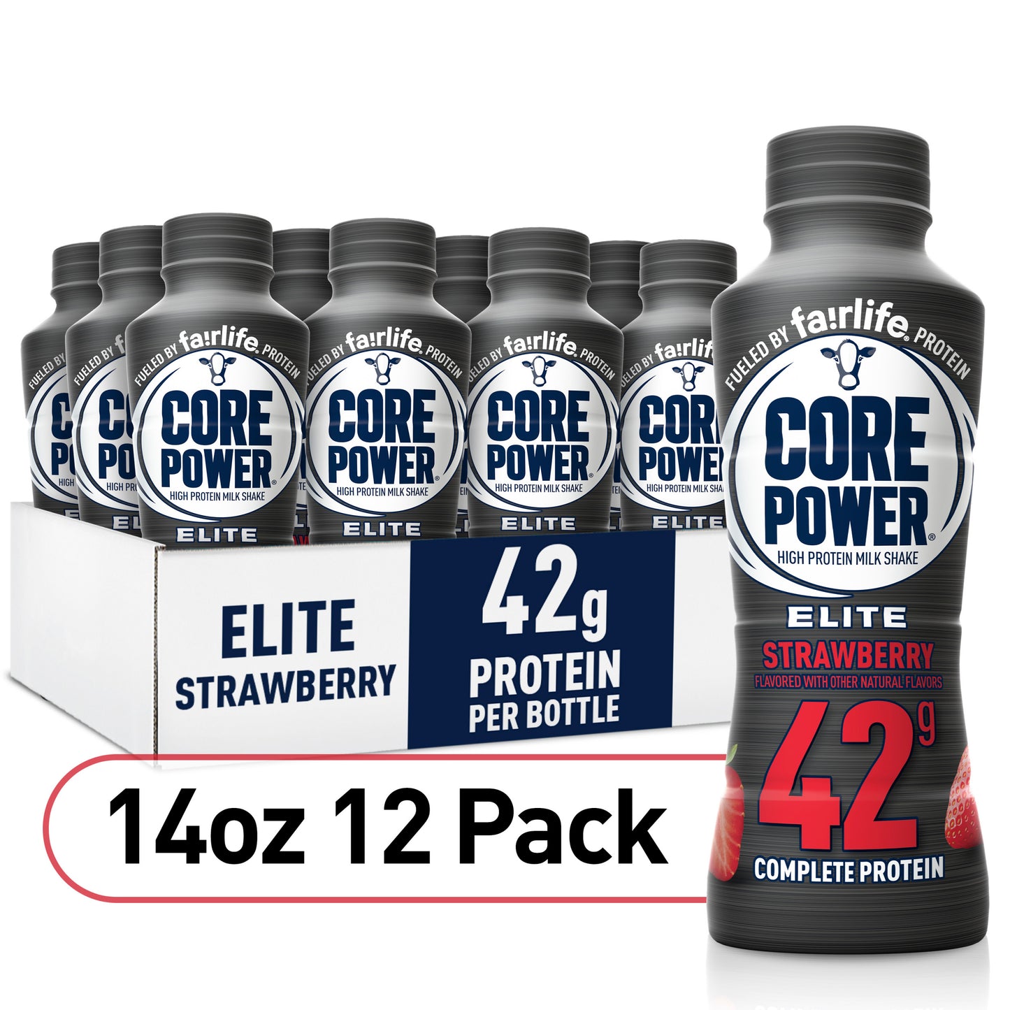 Core Power Elite High Protein Shake with 42g Protein by fairlife Milk, Strawberry, 14 fl oz, 12 Count