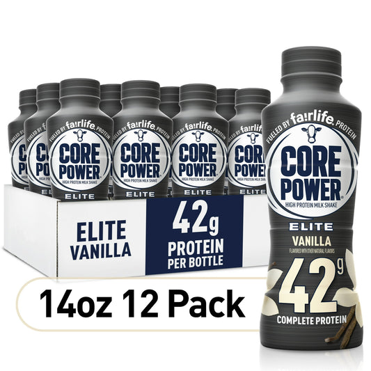Core Power Elite High Protein Shake with 42g Protein by fairlife Milk, Vanilla, 14 fl oz, 12 count
