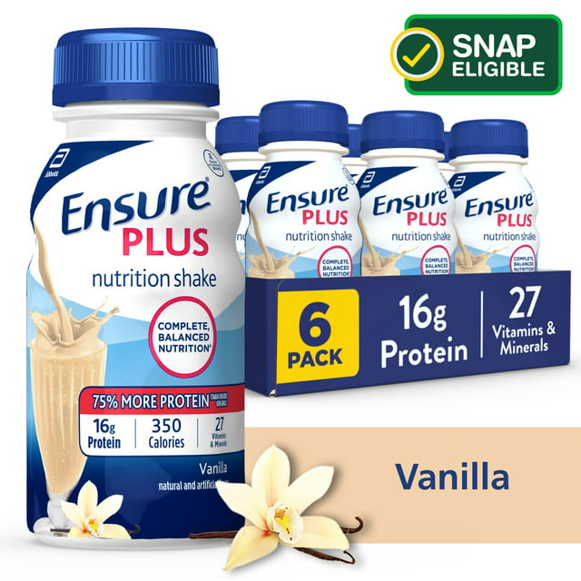 Ensure Plus Nutrition Shake with 16 grams of high-quality protein, Meal Replacement Shakes, Vanilla, 8 fl oz, 6 count